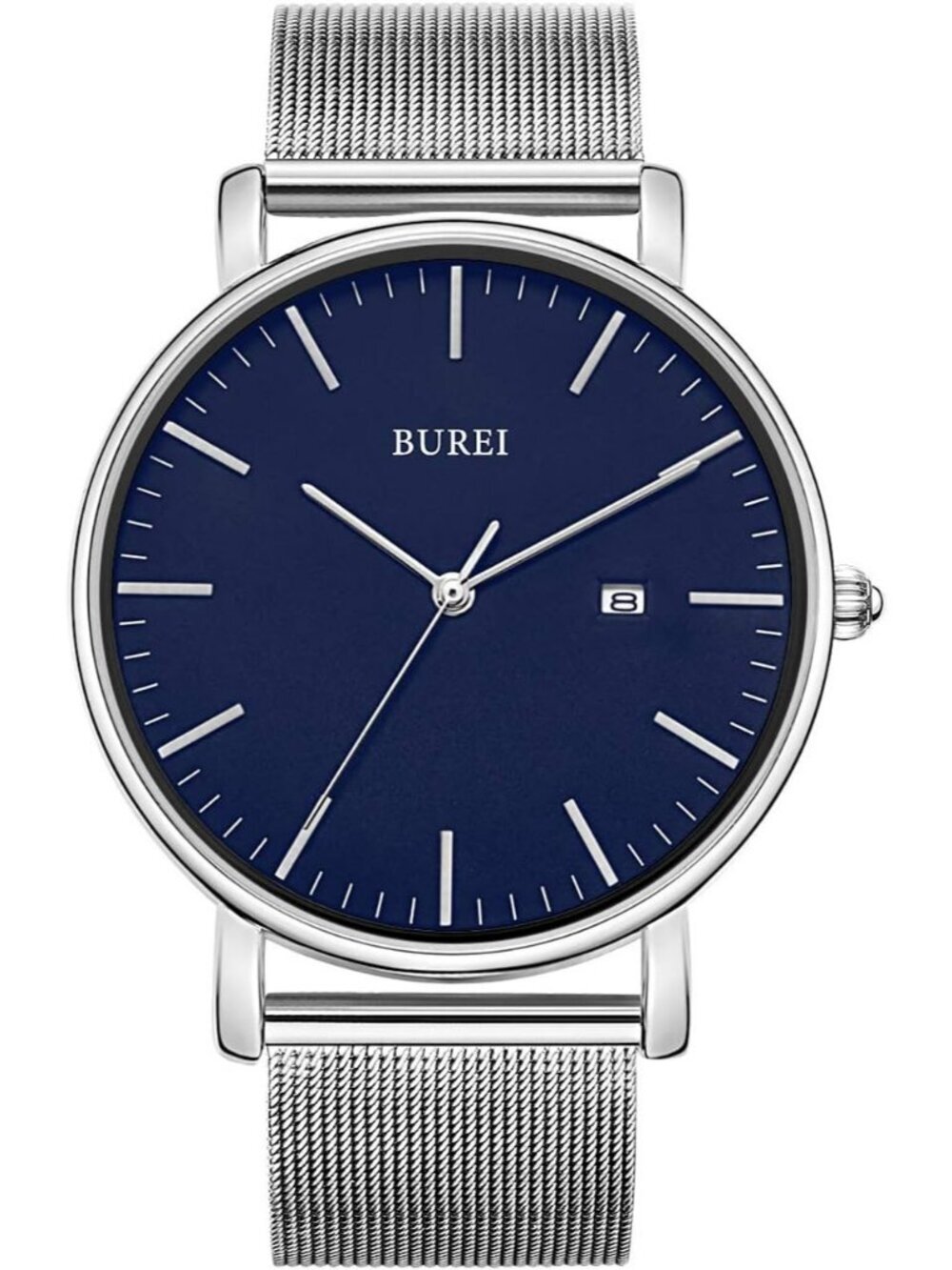 Men's Silver Blue Classic Mesh Strap Minimalist Analog Quartz Waterproof Watch